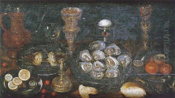 Nature Morte Aux Plats D'huitres, Artichauts, Oranges, Pieces De Gres Et D'orfevreries Oil Painting by Osias Beert the Elder