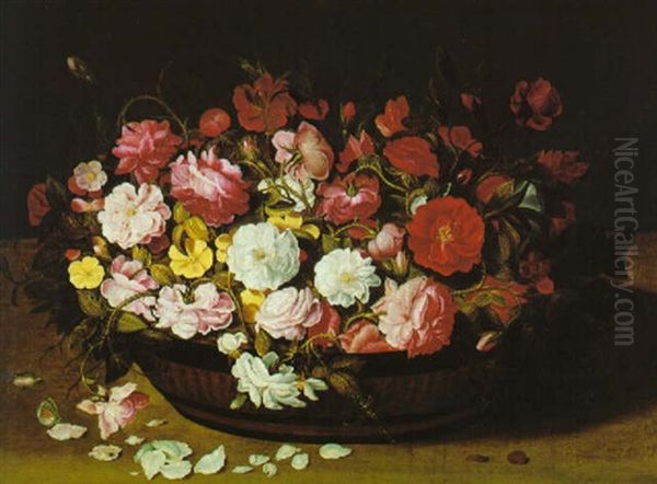 Blumenstuck, Brauner Blumenkorb Gefullt Mit Weisen, Rosa Und Roten Vollerbluhten Rosen Oil Painting by Osias Beert the Elder