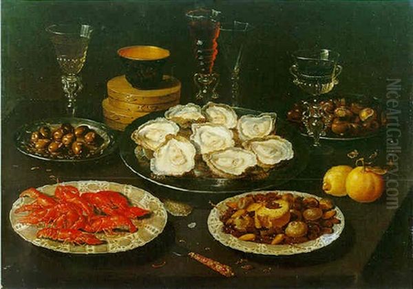 Nature Morte Aux Plats D'huitres, Ecrevisses, Olives, Chataignes Et Confiseries Sur Un Entablement Oil Painting by Osias Beert the Elder