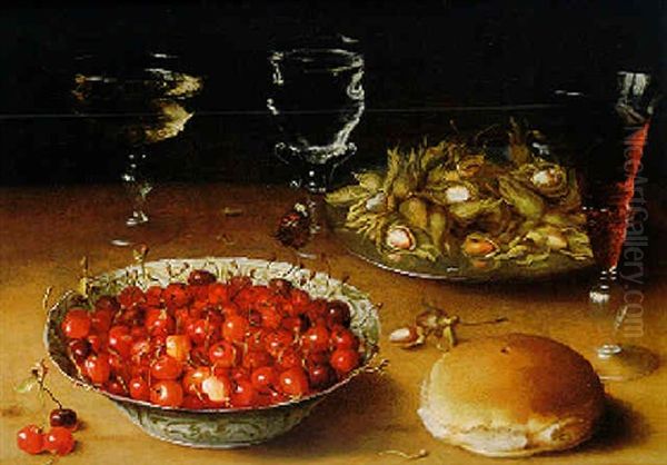 Still Life With A Butterfly, Cherries In A Wan-li Porcelain Bowl, Hazelnuts, Wineglasses And Bread, All On A Tabletop Oil Painting by Osias Beert the Elder