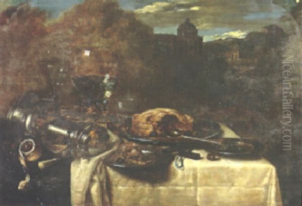 A Still Life With A Pie, Plates, Goblets And A Lemon On A Table With Buildings Beyond Oil Painting by Osias Beert the Elder