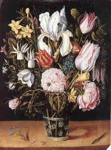 Still Life Of Flowers In A Glass Roemer Beside A Ladybird On A Wooden Table Oil Painting by Osias Beert the Elder