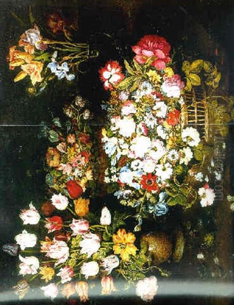 Flowers In A Tub, Flowers In A Stoneware Vase, Flowers In A Glass Vase On A Table, With Flowers And Leaves Of Sowbread, Borage Flowers, Cabbage Whites, Red Admirals, A Caterpillar And A Dragonfly Oil Painting by Osias Beert the Elder