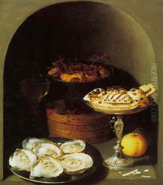 Still Life Of Oysters, Sweetmeats And Dried Fruit Displayed In A Niche Oil Painting by Osias Beert the Elder