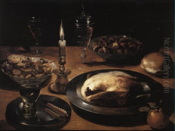 Duck On A Pewter Plate, Hazlenuts, Bowl And Roemer On A Table Oil Painting by Osias Beert the Elder