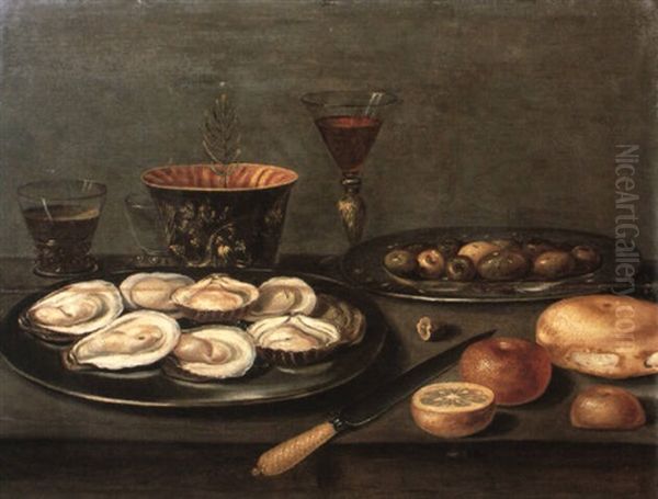 Still Life With Oysters And Olives On Plates, Wine Glasses...on A Table Oil Painting by Osias Beert the Elder