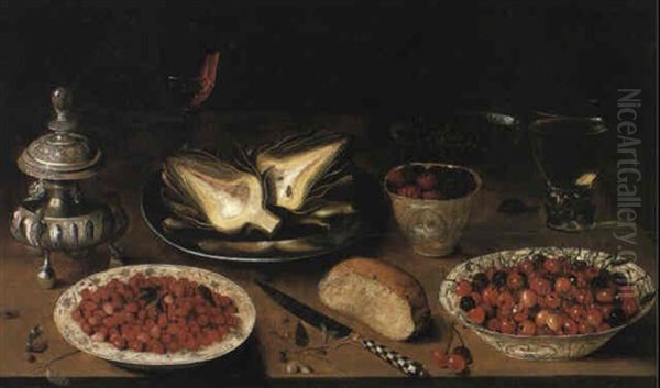 Pewter Plate With Artichoke, Berries And Dishes On A Table Oil Painting by Osias Beert the Elder