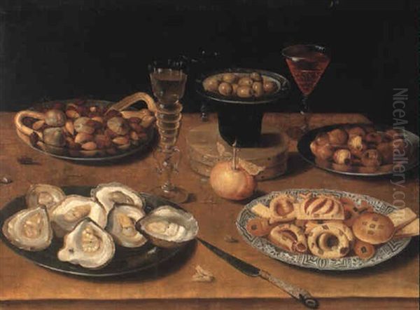 Oysters, Hazlenuts, Olives, Figs, A Glass Of Wine And A Knife On A Table Oil Painting by Osias Beert the Elder