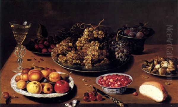 Still Life Of Grapes, Plums, Nuts And Raspberries On Pewter Plates With Fraises De Bois And Fruit Oil Painting by Osias Beert the Elder