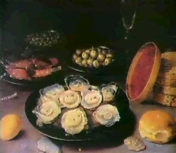 Nature Morte Au Plat D'huitres, Biscuits,                   Fruits, Avec Un Verre Oil Painting by Osias Beert the Elder