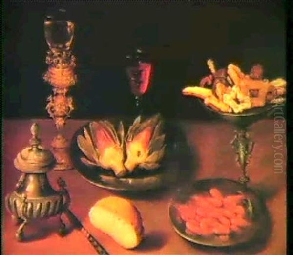 A Halved Artichoke And Shrimpson Pewter Plates, Pastry On A Tazza, A Roemer On A Silver- Gilt Stand, A Salt Cellar,more Oil Painting by Osias Beert the Elder