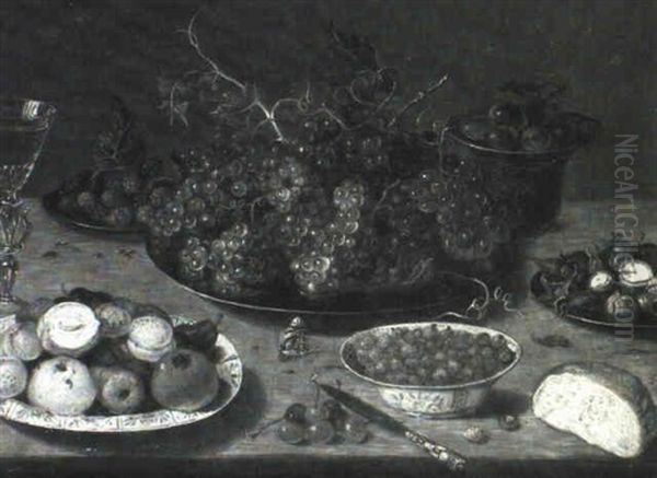 Berries In A Wan-li Bowl, A Pomegranate, Pear And Other     Fruit On A Wan-li Platter, Grapes On A Pewter Platter... Oil Painting by Osias Beert the Elder