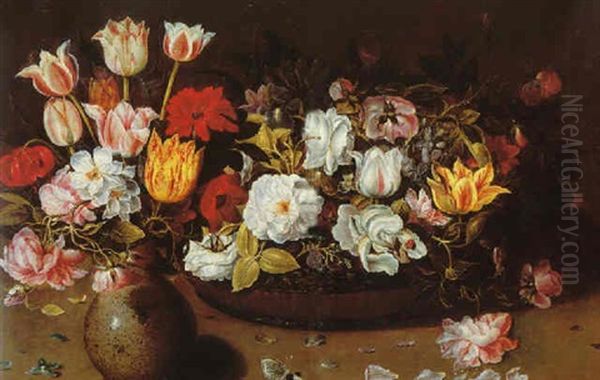 Still Life Of Flowers In Serpentine Vase Beside Chinese Lacquer Basket Of Flowers With A Cabbage, Butterfly And Petals On Wooden Table Oil Painting by Osias Beert the Younger