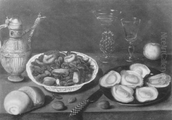 A Stoneware Jug, A Roll And Plate Of Sweetmeats, A Knife, A Peach, A Plate Of Oysters... Oil Painting by Osias Beert the Younger