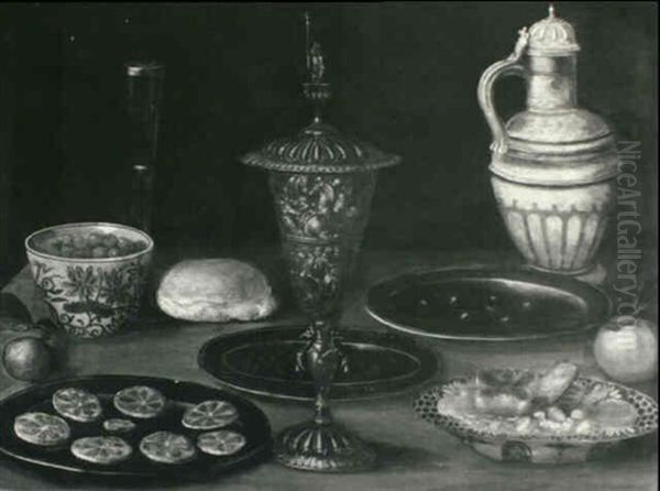 Still Life With A Covered Cup, Lemon Slices On A Pewter     Plate, Berries In A Blue And White Bowl And Other Objects Oil Painting by Osias Beert the Younger