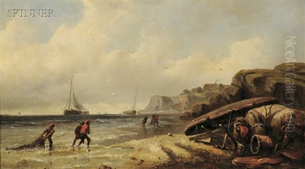 Fishermen Pulling Nets Ashore Oil Painting by Albertus Van Beest