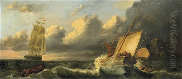 Vor Dem Gewitter. Segelboote Auf Tosenden Wogen Vor Felskuste Oil Painting by Albertus Van Beest