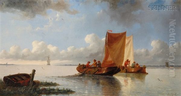 Pulling In The Nets Oil Painting by Albertus Van Beest