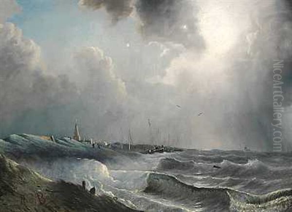 Stormvejr Ud For Kysten Ved Scheveningen Oil Painting by Albertus Van Beest