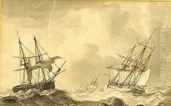 Ships In Choppy Seas Oil Painting by Albertus Van Beest