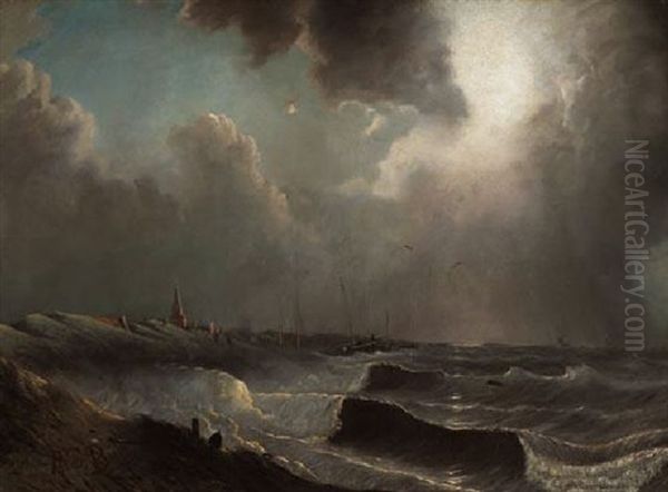 Sturmische See An Der Kuste Bei Scheveningen Oil Painting by Albertus Van Beest