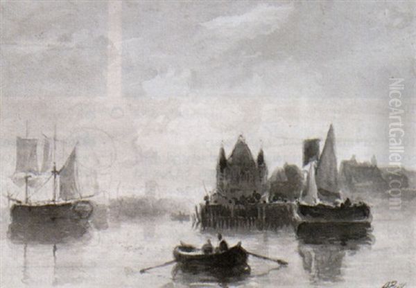 Boats In A Harbour Oil Painting by Albertus Van Beest