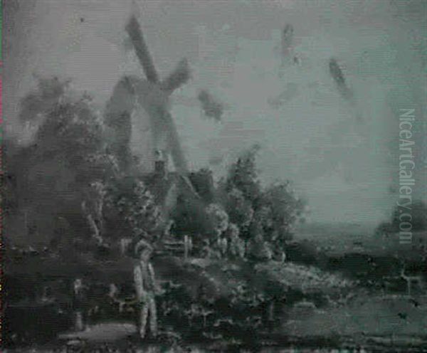 Fishing By The Windmill Oil Painting by Albertus Van Beest