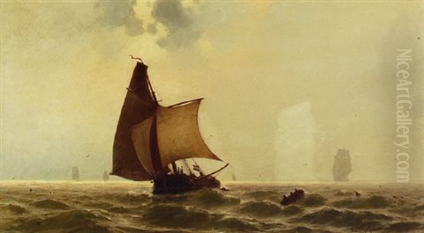 Zeilschepen En Mannen In Een Vlet Op Open Zee Oil Painting by Jacob Eduard Heemskerck van Beest