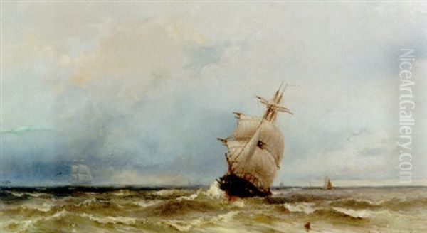 Shipping On A Rough Sea Oil Painting by Jacob Eduard Heemskerck van Beest