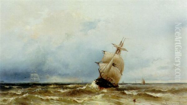 Shipping On A Rough Sea Oil Painting by Jacob Eduard Heemskerck van Beest