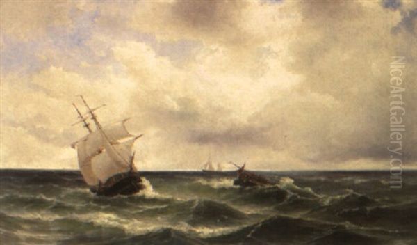 A Two-master On A Choppy Sea by Jacob Eduard Heemskerck van Beest