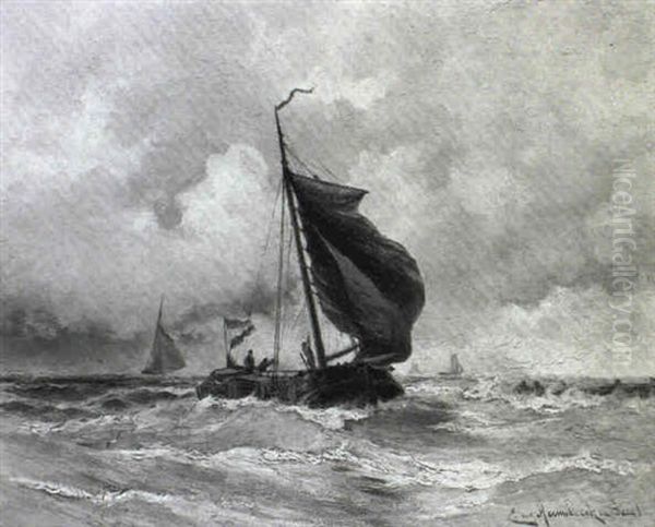 Shipping In Rough Seas Oil Painting by Jacob Eduard Heemskerck van Beest