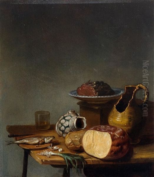 Still Life Of A Meal, With Herring, Bread, Cheese, Ham And Cutlery On A Table Oil Painting by Sybrand Van Beest