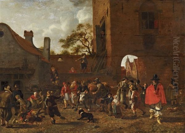 A Market Scene In Front Of A Town Gate Oil Painting by Sybrand Van Beest