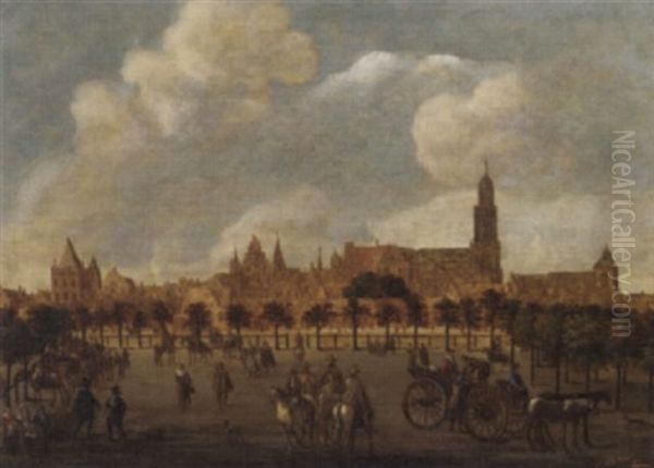 Figures Of Het Vredenburg, Utrecht With The Domkerk And The Buurkerk Beyond Oil Painting by Sybrand Van Beest