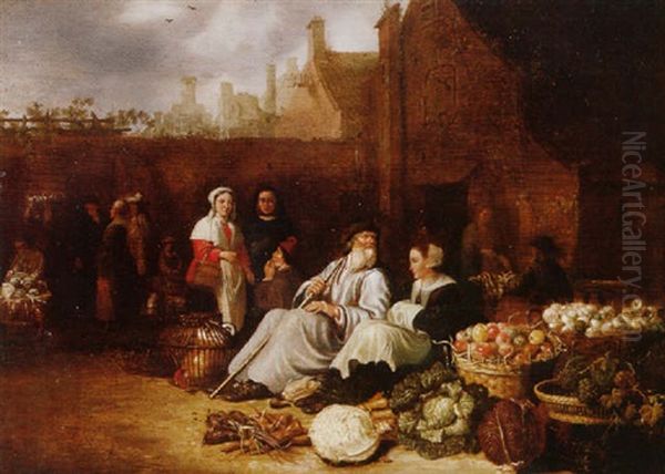 A Market Scene Oil Painting by Sybrand Van Beest