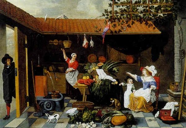 Les Preparatifs Du Repas Dans La Cour D'une Maison Hollandaise Oil Painting by Sybrand Van Beest