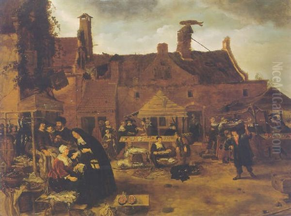 Fish Market Oil Painting by Sybrand Van Beest