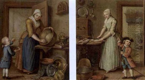 A Woman Cleaning Pots In An Interior With A Boy Eating Cherries (+ A Woman Preparing Fish In A Kitchen And A Child Playing; Pair) Oil Painting by Abraham Hendrik van Beesten