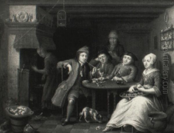 Kitchen Interior With Gentlemen Smoking And Women Cooking by Abraham Hendrik van Beesten