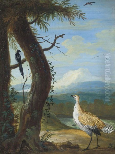 Woodpecker In An Exotic Landscape Oil Painting by Christophe-Ludwig Agricola