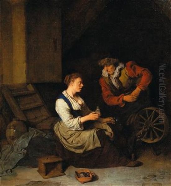 A Suitor With A Woman At A Spinning Wheel Oil Painting by Cornelis Pietersz Bega