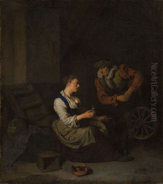 Interieur Mit Einer Frau Am Spinnrad, Rechts Ein Mann Oil Painting by Cornelis Pietersz Bega