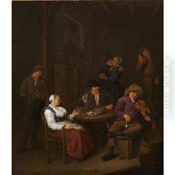 The Interior Of A Tavern With A Fiddler And Peasants Drinking And Dancing Oil Painting by Cornelis Pietersz Bega