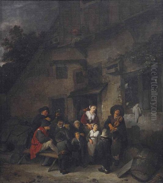 A Merry Company Making Music Outside An Inn Oil Painting by Cornelis Pietersz Bega