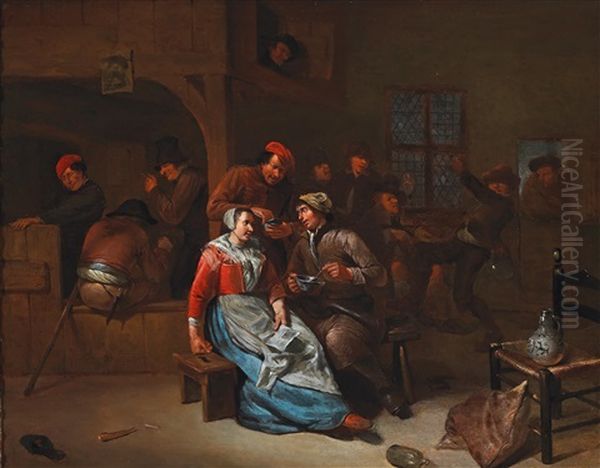 A Tavern Interior Oil Painting by Cornelis Pietersz Bega