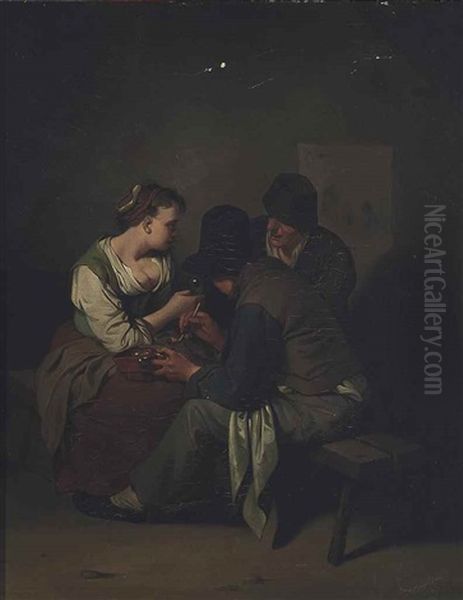 Two Men And A Woman Smoking In An Interior Oil Painting by Cornelis Pietersz Bega