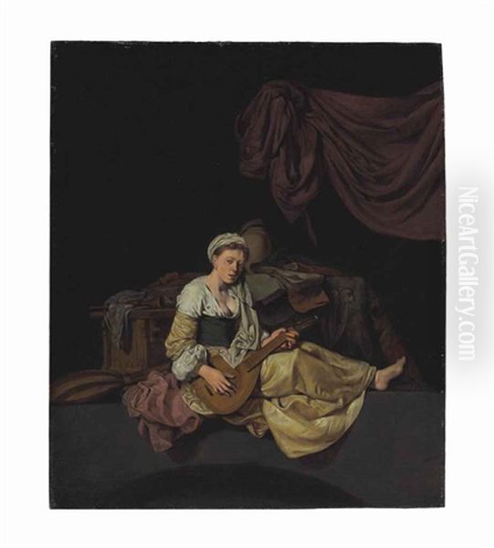 Woman With A Cittern Before A Table With Books And Other Musical Instruments Oil Painting by Cornelis Pietersz Bega