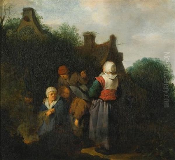 A Peasant Family Gathered Before An Open Fire Oil Painting by Cornelis Pietersz Bega