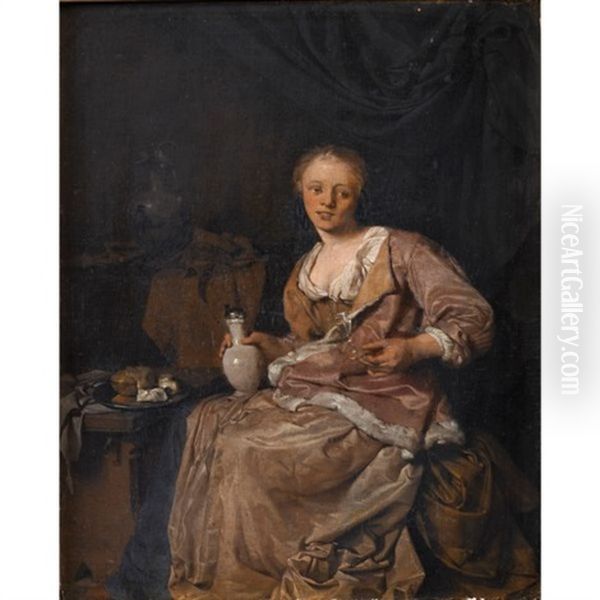 Jeune Femme Dans Un Interieur Tenant Un Verre Oil Painting by Cornelis Pietersz Bega